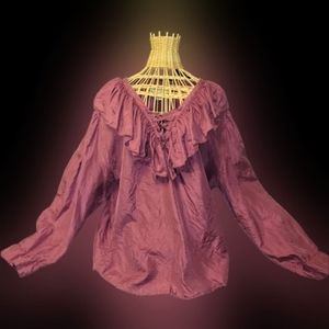 Vtg 90s NY & co dusty rose mauve ruffle collar corset lace up silk blouse L NWOT